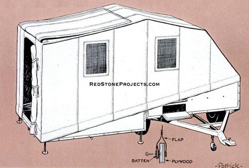 Four plastic screened windows provide ventilation for the tent trailer occupants.