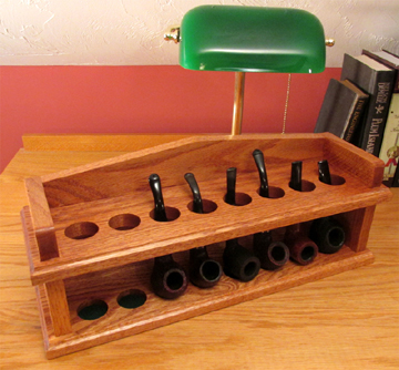 Front view of a Twice On Sunday Mantel style smoking pipe rack made from woodworking plans.