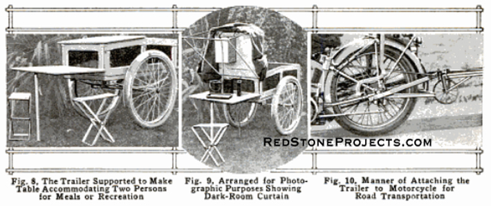 Vintage motorcycle camping trailer setup and hitch assembly.