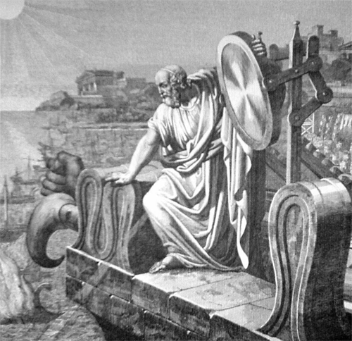 Engraving depicting  Archimedes and his burning mirrors during the siege of Syracuse