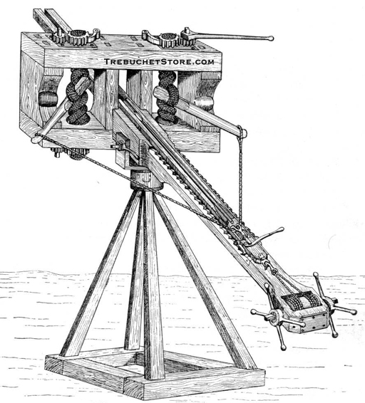 Rear view of a torsion powered arrow throwing ballista in the cocked position.