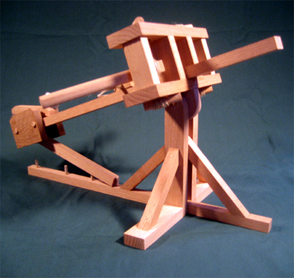 Side view of a working model ballista made from woodworking plans.