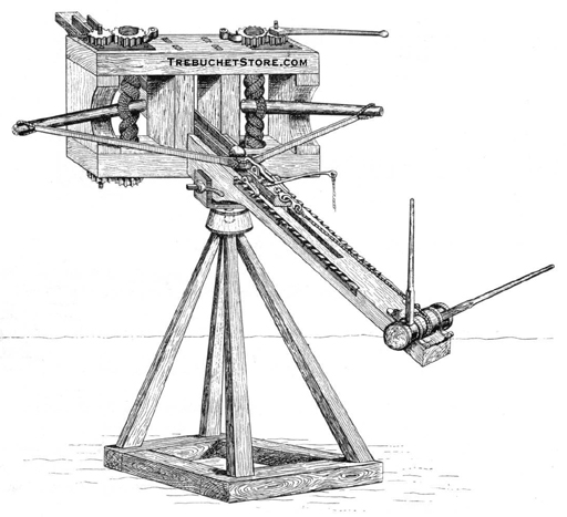 Rear view of a torsion powered stone throwing ballista loaded and ready to be winched into the cocked position.