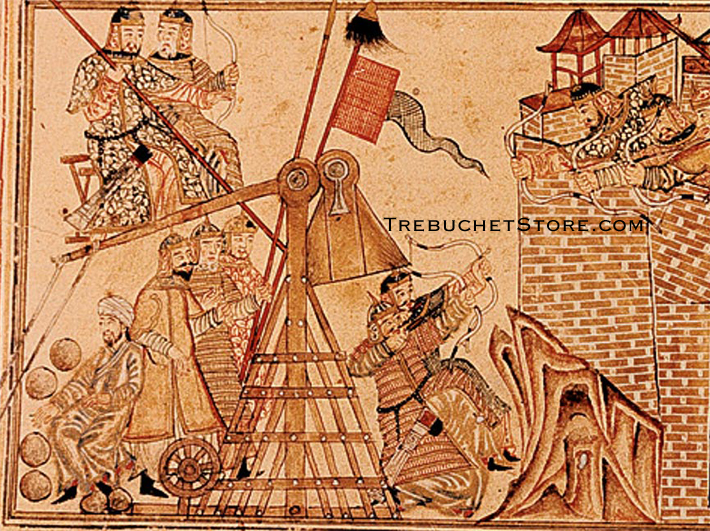 Side view of a hinged counterweight trebuchet being wound down into the cocked position using a wheel while archers provide covering fire for the trebuchet crew.