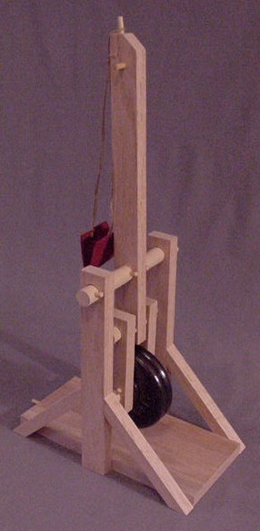 Rear left side view of a working model trebuchet, made from plans, in the fired, or de-coocked postion.