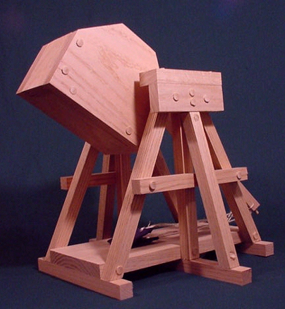 Back side view of a working model trebuchet built from plans