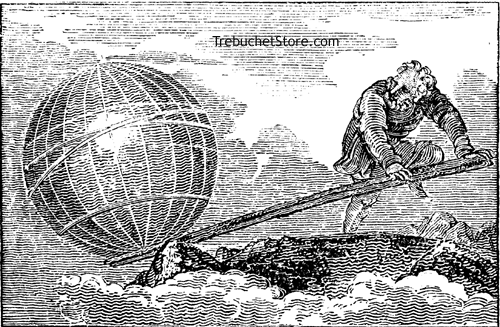 Archimedes - Archimedes Lever - Depicts Archimedes using a Class I Lever to lift a globe of the earth.