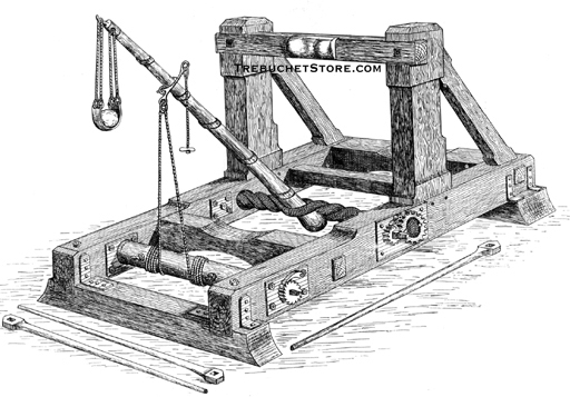 Back view of a stone throwing catapult showing the sling, arm, skein, winch, trigger and stop pad.