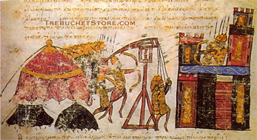 Side view of a man powered traction trebuchet in the  cocked position and ready for employment against archers in a fortification.