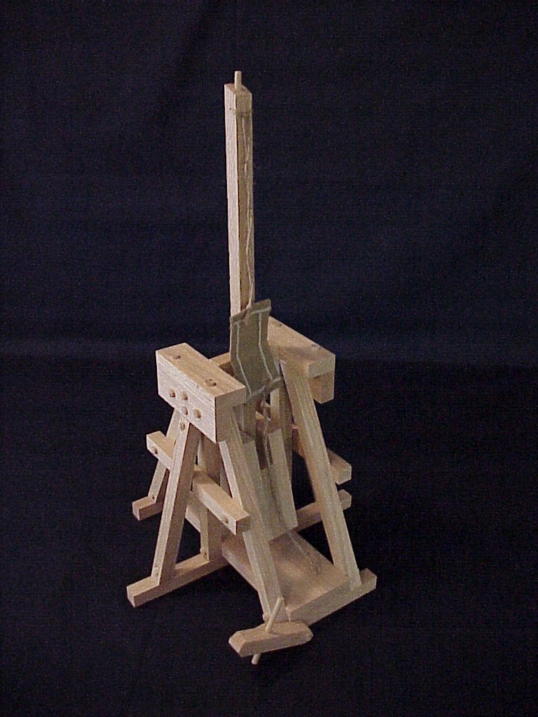 Back view of the Warwolf trebuchet showing the counterweight and trigger.