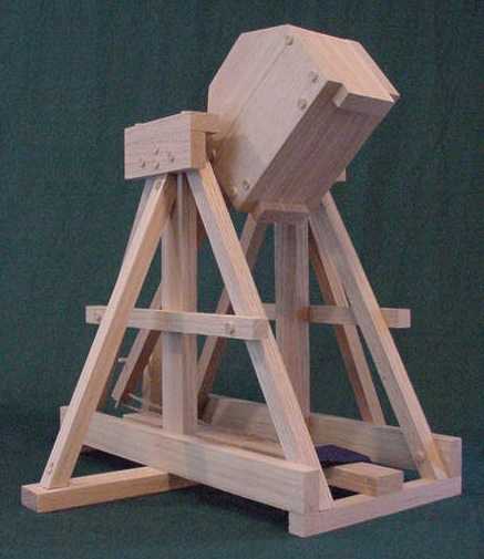 Front view of the Stirling Trebuchet showing the raised counterweight cabinet