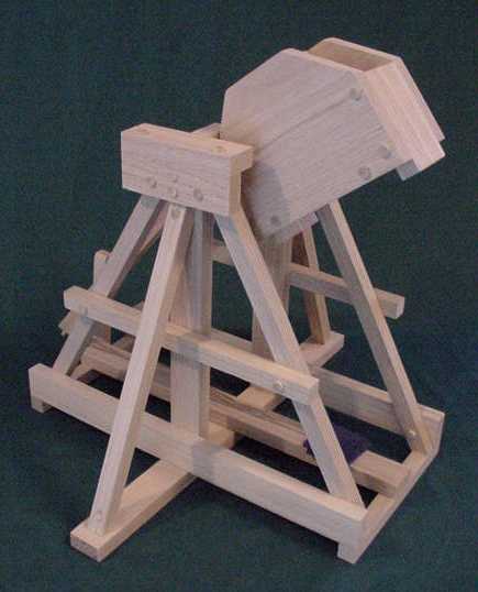 View of the Stirling Trebuchet showing the trestle frame and counterweight