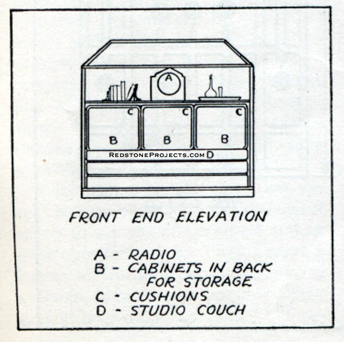 Elevation drawing of travel trailer forward cabinetry.