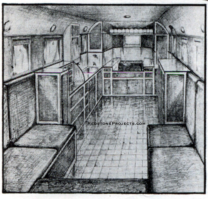 Illustration of vintage travel trailer interior looking forward from the rear saloon.