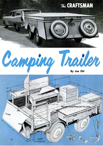 Photo and cutaway diagram of a vintage hardsided folding travel trailer as shown on the cover of DIY plans and instructions.