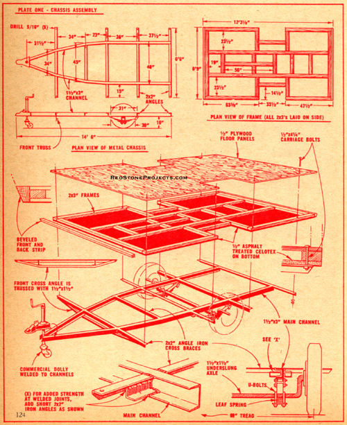Sheet of detailed construction plans, notes and dimensions for a sixteen foot canned ham trailer chassis and floor assembly.
