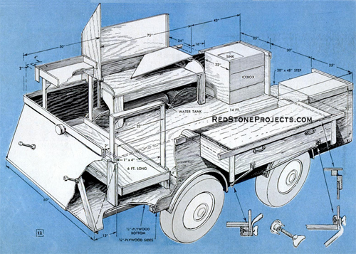 Plans with dimensions for the body and interior of a folding camp trailer.