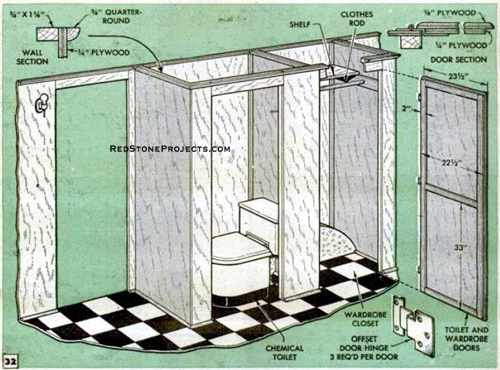Construction details for the wardrobe and toilet room of a vintage travel trailer.
