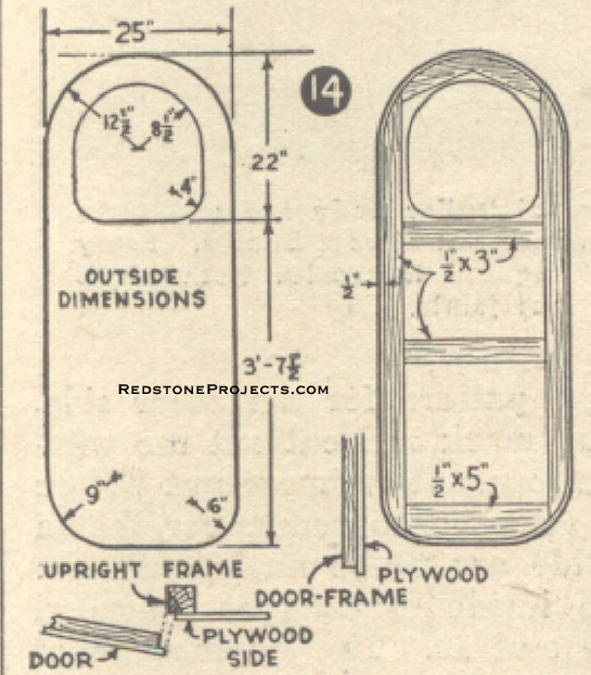 Fig. 14. Details of plywood door construction. Note sandwich method of building a strong door. Provide weather strip to exclude dirt, rain, ect.