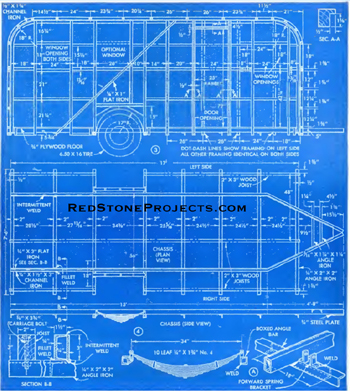 Blueprints of the coach and chassis of a 17 foot vintage 1947 DIY travel trailer.