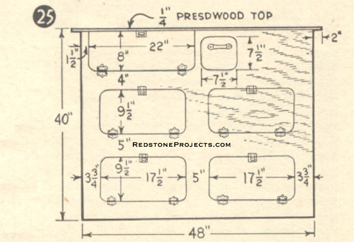 Fig. 25. Front view of galley panel, showing arrangement of doors and drawers with hardware.