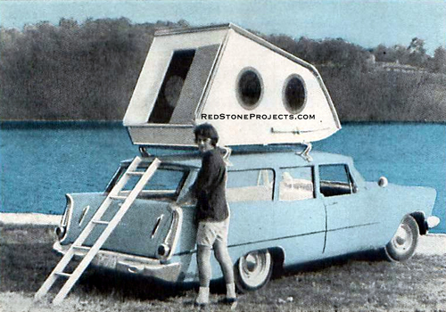 Photo of a woman standing next to a station wagon outfitted with a roof top sleeper