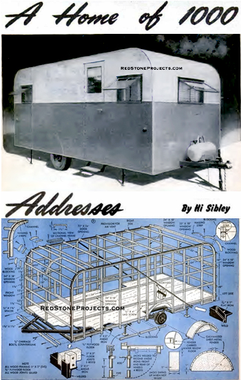 Photo and cutaway diagram of a vintage hardsided travel trailer built from vintage 1947 plans