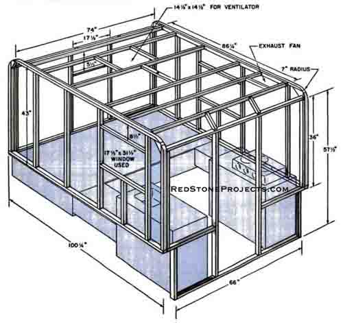 Drawing with dimensions show the frame construction of a low profile slip in truck camper.