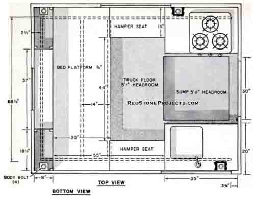 Plan view of the interior lay out of a pickup truck camper.