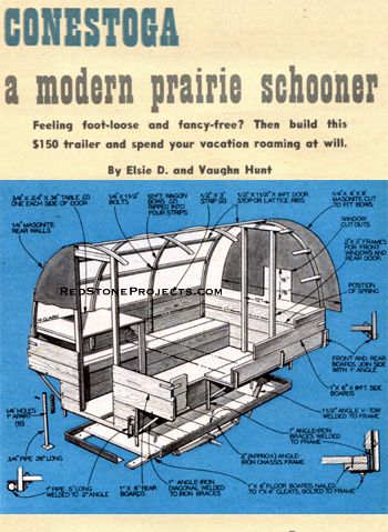 Construction diagram of a vintage modern conestoga  travel trailer as shown on the cover of DIY plans and instructions.