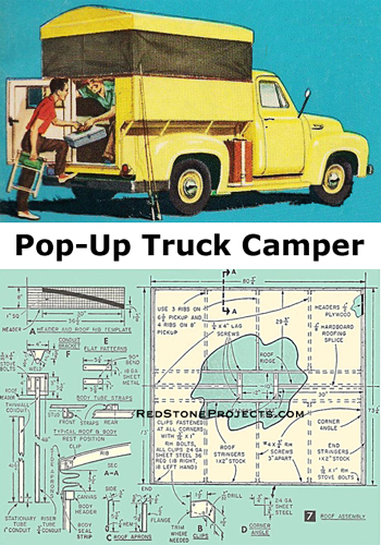 Illustration and sheet of plans for a vintage pickup truck popup camper as shown on the cover of DIY plans and instructions.