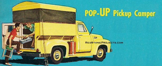 IIlustration of a pop up camper mounted in the bed of a pickup truck.