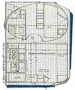 Plan and side view pattern of the interior layout of a vintage teardrop trailer with dimensions.