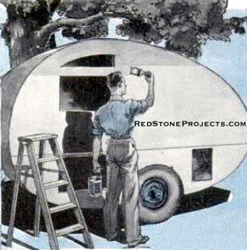 Vitage illustration of a man painting the skin of a home built teardrop trailer.