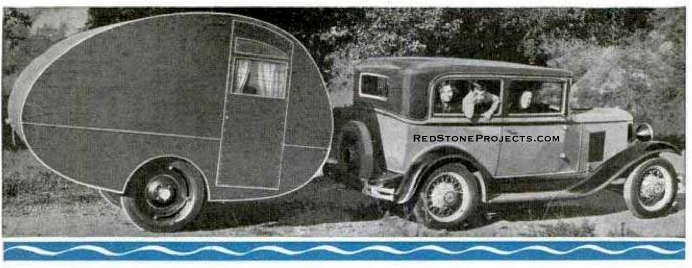 Picture of a vintage automobile towing a period DIY teradrop trailer
