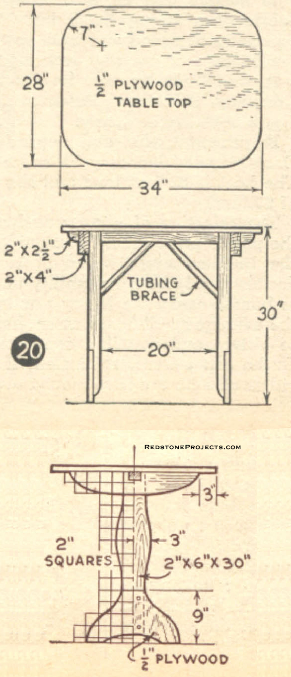 Fig. 20. Three views of dinette table. Top may be hinged to legs for folding away when using seats for extra bed.