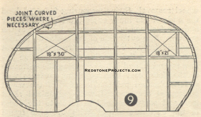Fig. 9. Left wall cut and assembled with posts, frames and edge strips. Plywood batten strips must be fastened over all joints on inside of wall.