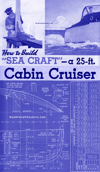 Restored PDF copy of vintage Sea Craft 25 foot cabin cruiser plans with enhanced and enlarged figures and illustrations and searchable text free version.