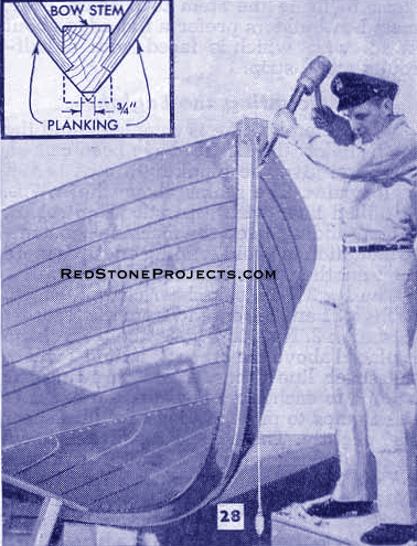 Figure 28. Beveling the edge of a boat's bow stem using a chisel.