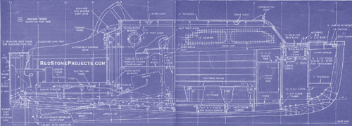 Figure 30. Blueprints showing the elevation view and construction of a 25 foot open cockpit cabin cruiser.