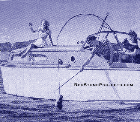 Picture of two women and a man offshore fishing from the open cockpit of a cabin cruiser.