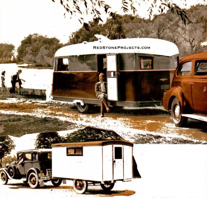 New at the top, and old at the bottom, in trailers. The latest equipment really is  a comfortable home on wheels in whch you can spend as long as you like at scenic spots. Trailer at bottom is built by Arthur G. Sherman.