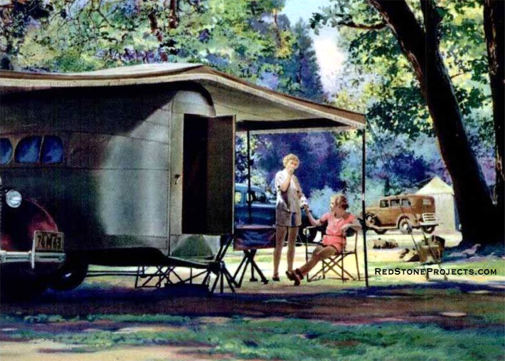 Protection for both trailer and the  tow car is provided above, by tent erected by camper in Yosemite National Park. There also is sufficient space for the family in inviting shade.
