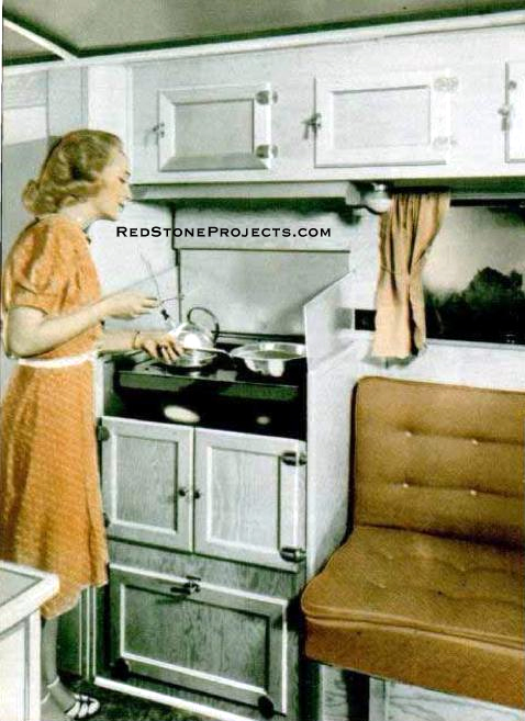 Safety is the feature of metal shield for stove cabinet, above.Ventilator, above stove, carries away smoke and fumes.