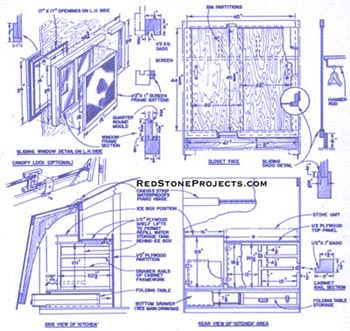 Construction details for a vintage trailer's rear galley and hatch.