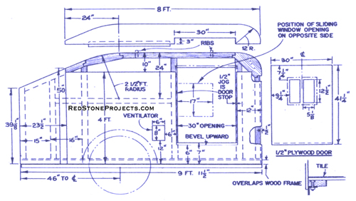 Side elevation view, with dimensions and layout, of a vintage square back teardrop trailer.
