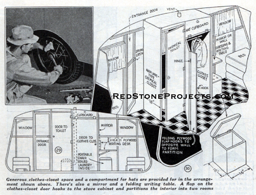 Figures 29 and 30.Generous clothes closet space and a compartment for hats are provided for in the arrangement shown above. There's also a mirror and a folding writing table. A flap on the clothes closet door hooks to the stove cabinet and partitions the interior into two rooms.