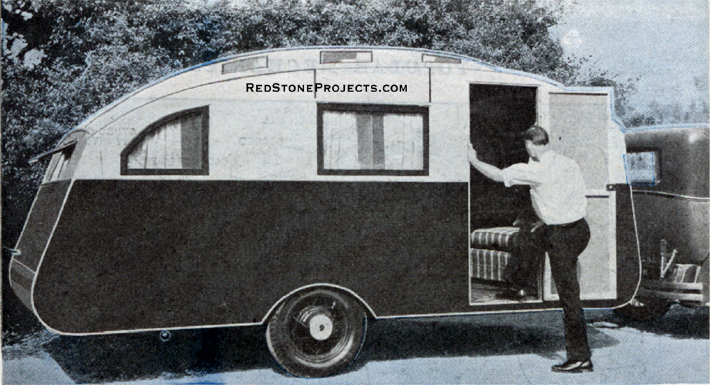 Vintage picture of a man entering a home built streamlined trailer