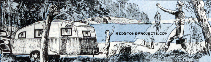 Drawing of a family camping in a vintage trailer near a lake.