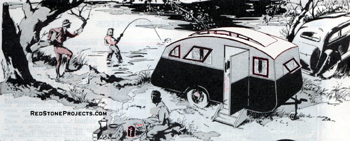 Drawining of a family having a picnic and fishing near their vintage streamlined camper trailer